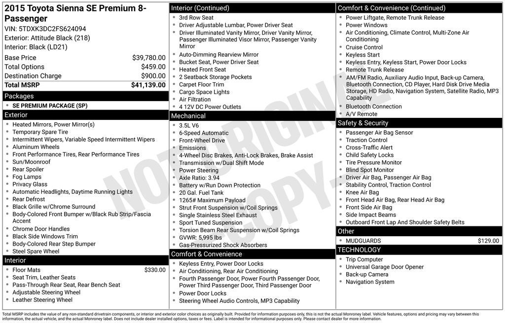 2015 Toyota Sienna SE Premium 8 Passenger